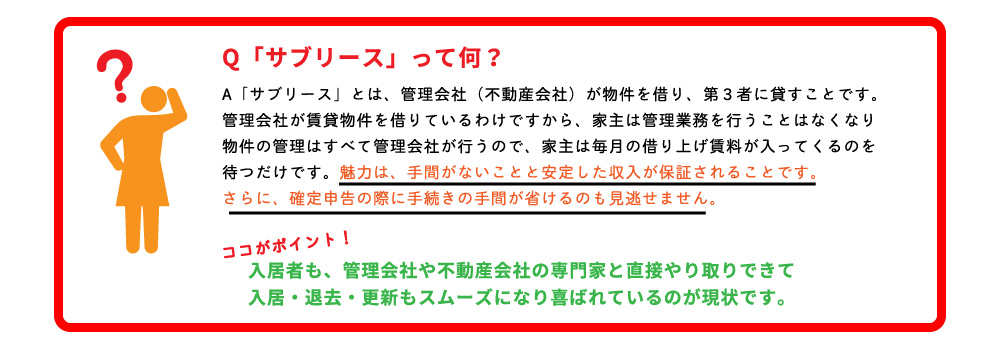 サブリースとは、管理会社、不動産会社が物件を借り、第三者に貸すことです。
